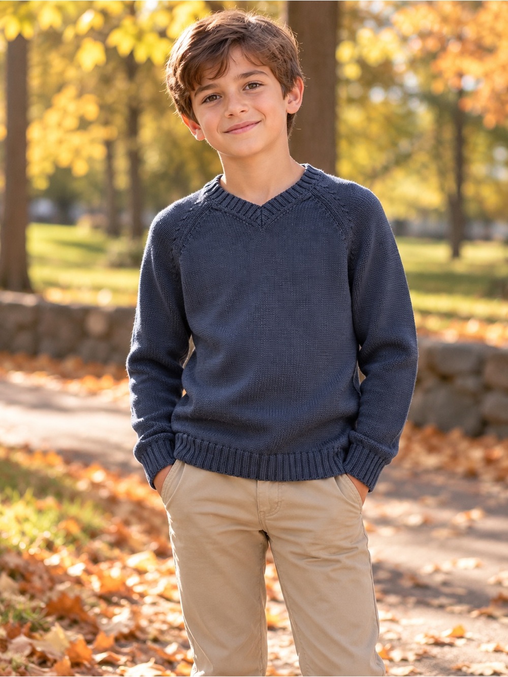 Lands’ End boys navy cotton V-neck sweater, size M 10–12